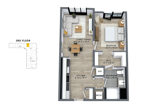 Floor plan for 1 bed, 1 bath, 678 sqft
